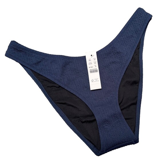 J Crew Bikini Bottom Womens M Navy Blue Textured Curved Waist Cheeky High Legs - Picture 1 of 5